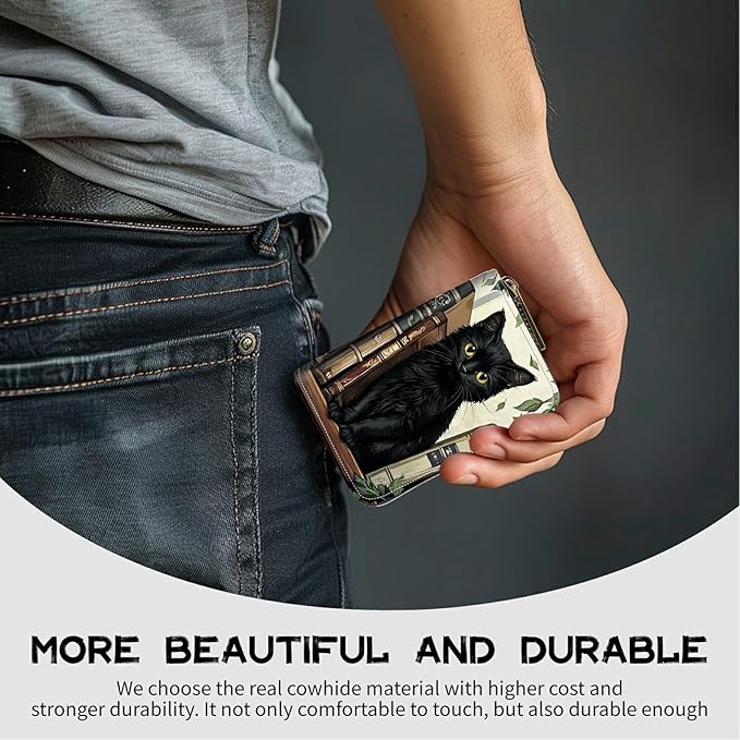 Cute Credit Card Holder with Zipper, Black Cat Books RFID-Blocking Card Case Small Wallet for Women Men, Multi-slot Card Organizer Case Travel Accordion Wallet
