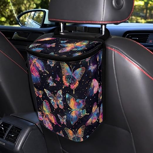 Biyejit Colorful Butterfly Car Trash Can Automotive Garbage Bag Trash Can with Lid Collapsible Reusable Waterproof Car Accessories Interior Cars Organizer
