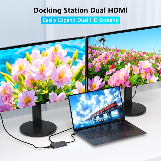Docking Station Dual Monitor for Dell/HP/Mac Laptops, 7 IN 1 USB C to Dual HDMI Adapter Multiport Hub with 2*4K HD, 3*USB-A/USB-C Data Port, 100W PD, HDTV Splitter for Dual Monitors Extended Display