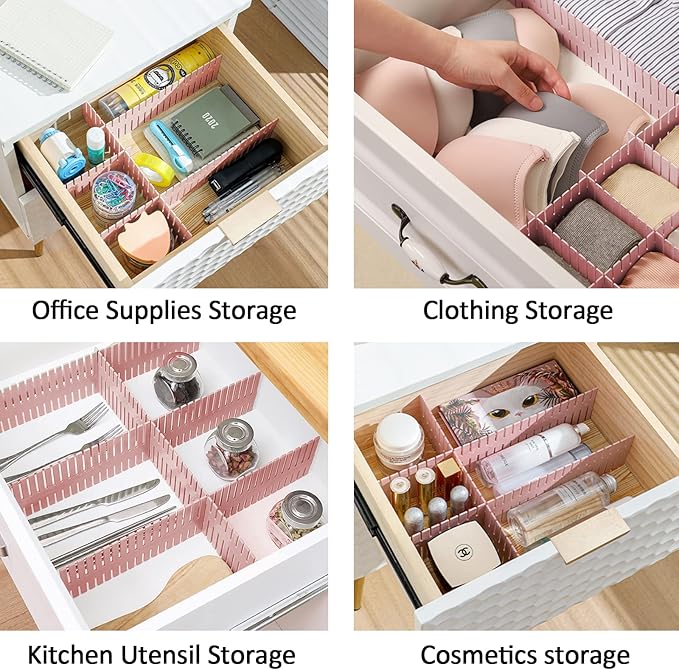 TWUTGAYW 14.5 in Pink DIY Grid Drawer Organizer for Socks, 8PC Adjustable Plastic Storage Drawers Divider, Drawer Organizer Grid Dividers, Pink Drawer Partitions for Tie, Bras, Underwear, Makeup