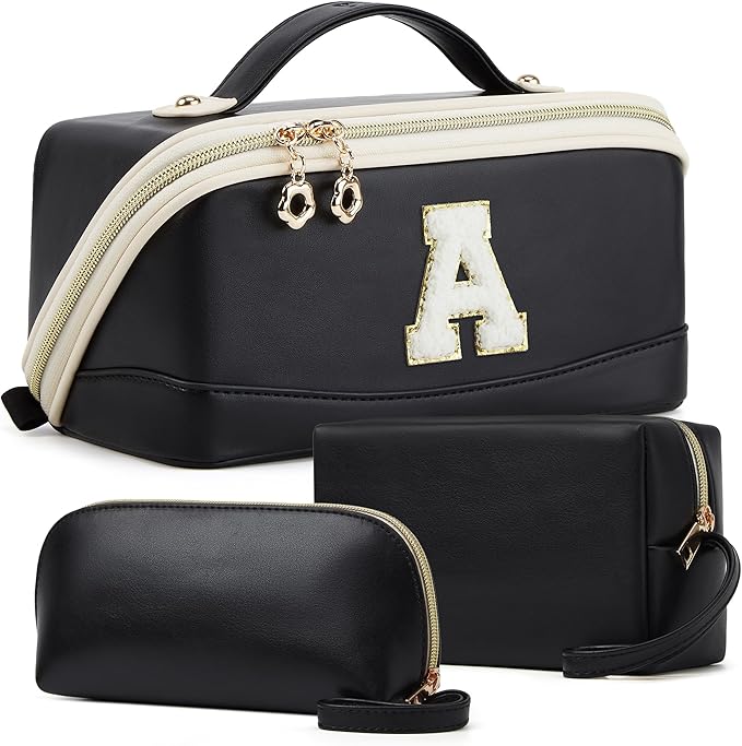 YTL Travel Makeup Bag, Large Capacity Cosmetic Bag for Women, Waterproof PU Leather, Flat Open Portable Toiletry Bag for Skincare, Brushes & Travel Essentials