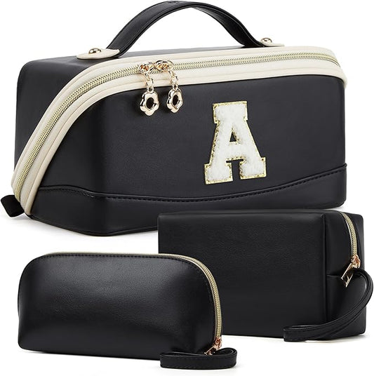 YTL Travel Makeup Bag, Large Capacity Cosmetic Bag for Women, Waterproof PU Leather, Flat Open Portable Toiletry Bag for Skincare, Brushes & Travel Essentials