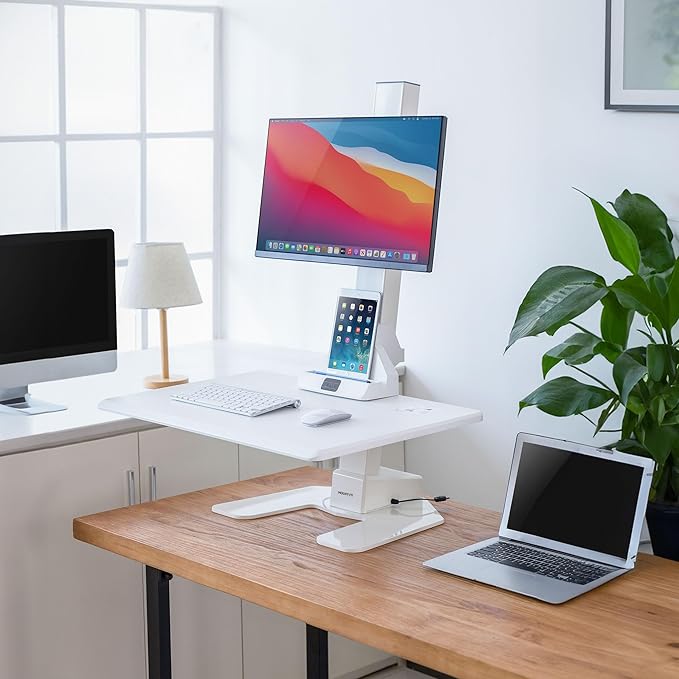 Mount-It! Electric Standing Desk Converter, Adjustable Tabletop Sit Stand Desk Riser with Single Monitor Mount for Monitors up to 32", Freestanding 28" Wide Platform Rises up to 20.75" White
