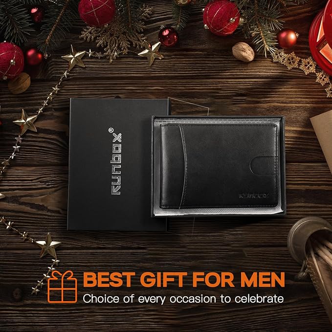 RUNBOX Slim Wallet for Men Genuine Leather RFID Blocking Bifold Minimalist Front Pocket Mens Wallet with Money Clip Thin Gift Box