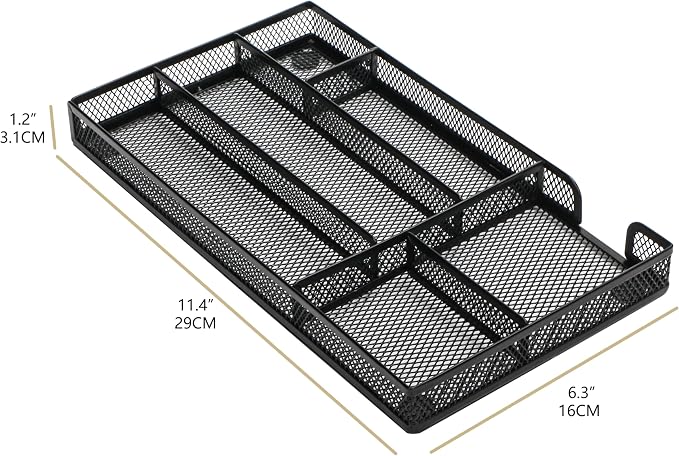 Annova Desk Drawer Organizer Tray for Office Organization - Metal Mesh - Storage Tray with Dividers for Pens, Desktop Accessories, Bathroom, Kitchen, Makeup and Office Supplies (Small, Black)