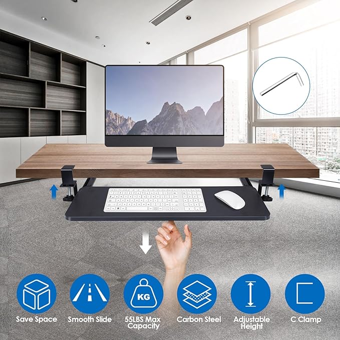KOCASO Keyboard Stand for Desktop - 25.59”x9.64”x0.51” Keyboard Tray with Retractable Slide Out Drawer, Height Adjustable and C Clamp Installation, Supports up to 55LBS，Perfect for Home or Office