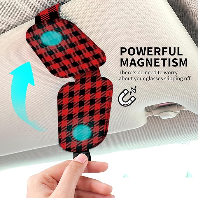Leather Magnetic Sunglass Holder for Car Sun Visor, Cute Eyeglass Ticket Card Hanger Clip, Universal Auto Interior Accessories for SUV Pickup Truck Red Plaid