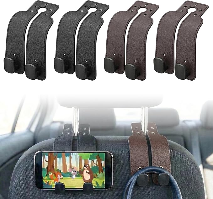 Headrest Hooks for Car, Car Seat Hooks for Headrest, Seat Back Storage Hook, Twinhook Leather Car Headrest Hangers, Seat Back Universal Fit Storage Organizer for Purses and Bags Cute (4, Black+Brown)