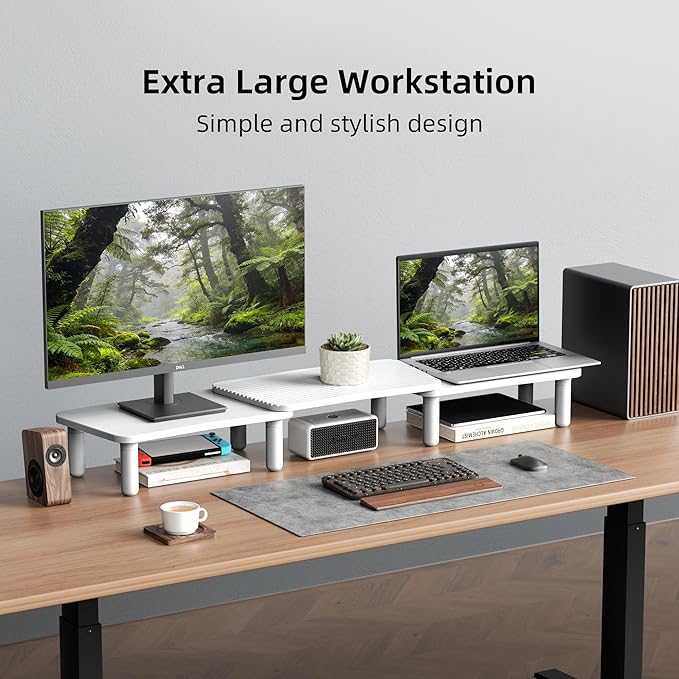 AFOOYO Dual Monitor Stand For Desk,Adjustable Height Long Wood Computer Riser For Computer,Laptop,Printer,TV,White