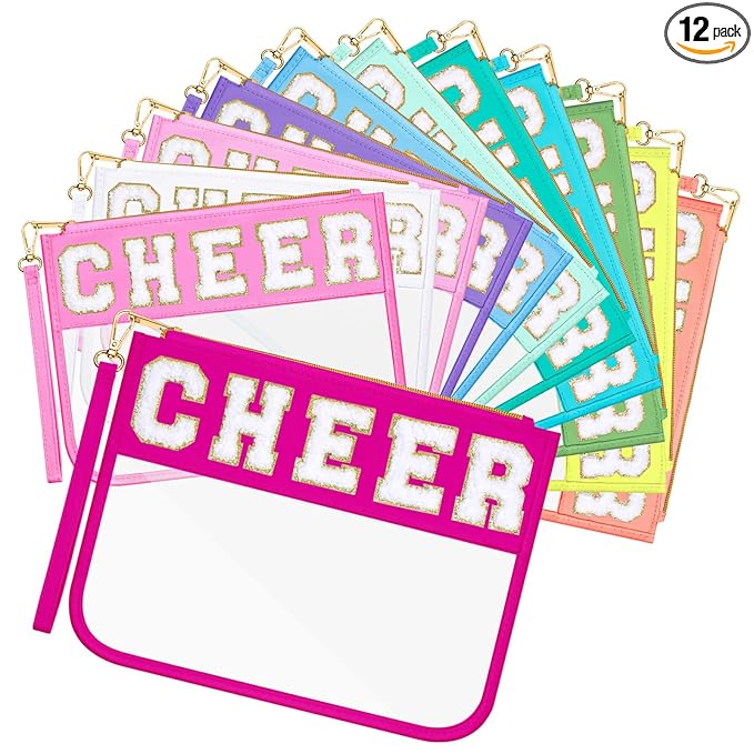 Abbylike 12 Pcs Snack Bags Clear Chenille Letter Cheer Zipper Pouch Waterproof PVC Large Travel Makeup Cosmetic Storage Organizer Bag for Mom Team Cheerleaders Teacher (Multicolor)