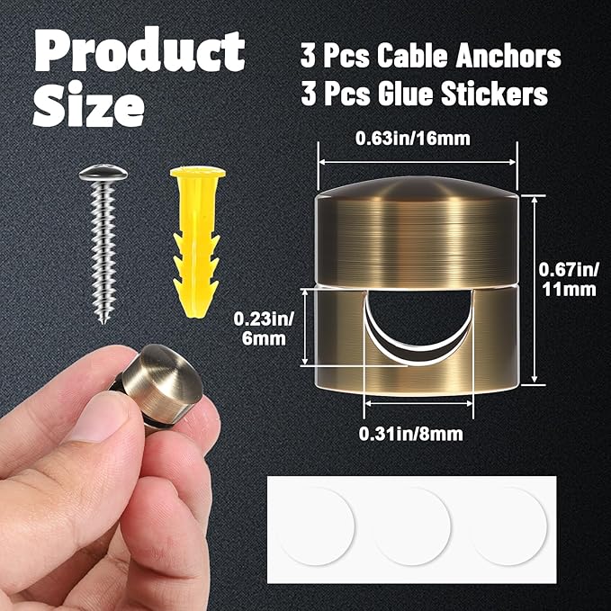 3 Pcs Cable Anchors for Desk, Adhesive Adjustable Cord Holder Cable Clips Premium Aluminum Cord Organizers Charger Holders Wire Management Keeper for Nightstand Desk Office