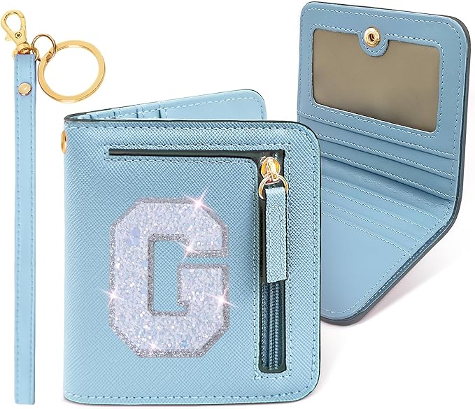 COSHAYSOO Small Wallet for Women Teenager Girl Personalized Initial Gift Preppy Letter Monogrammed Patch Mini Purse Waterproof for Travel Credit ID Cards Cash Holder Novelty Organizer Blue G