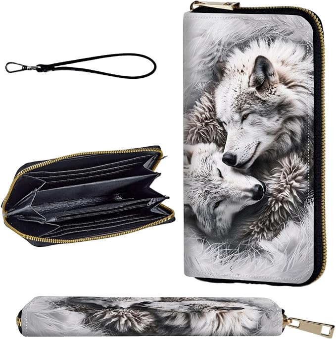 Wallet,Leather Long Wallet Suitable For Ladies And Teenagers - Detachable Wristband + RFID Travel Wallet With Card Slot - Wolves Family