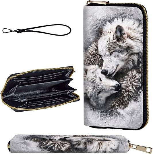 Wallet,Leather Long Wallet Suitable For Ladies And Teenagers - Detachable Wristband + RFID Travel Wallet With Card Slot - Wolves Family