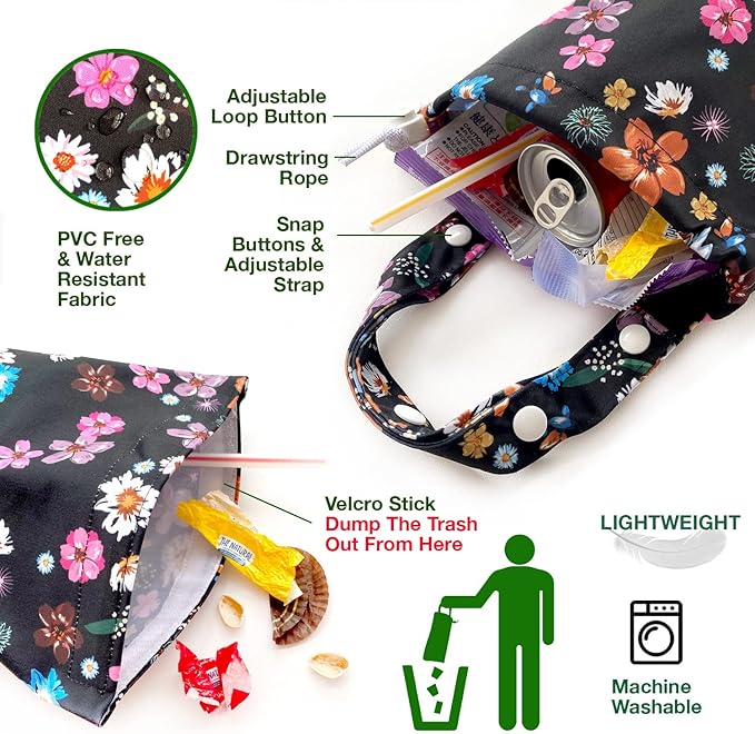 Waterproof Car Trash Bag Reusable Portable Garbage Can with Drawstring Top Adjustable Hanging Strap Leakproof & Washable for Cars SUVs & Trucks (Small Flowers)