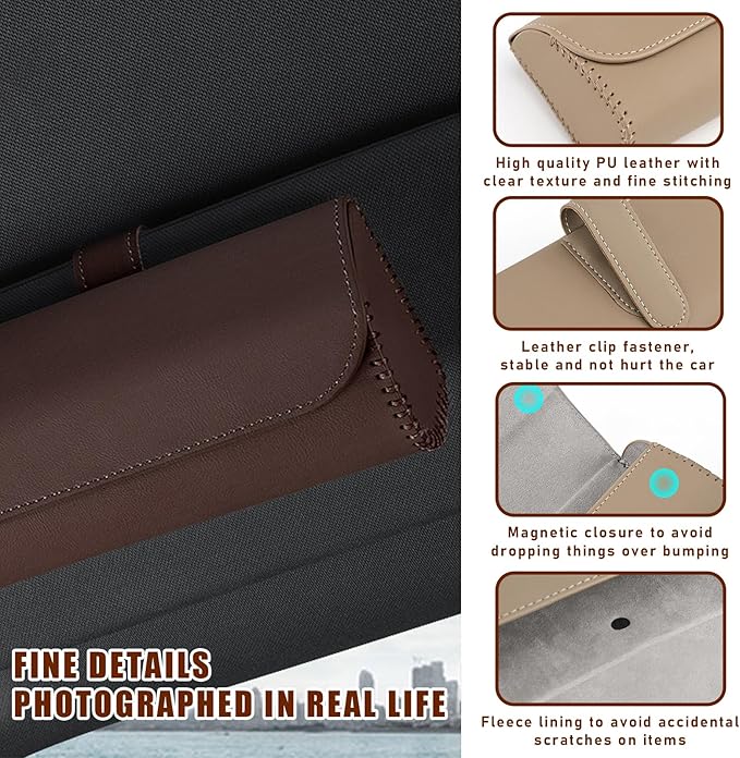 Augeny Sunglasses Holder for Car Sun Visor, Leather Auto Eyeglasses Storage Case with Hidden Magnetic Closure, Protective Glasses Organizer Box, Vehicle Visor Accessories for Woman Man (Brown)