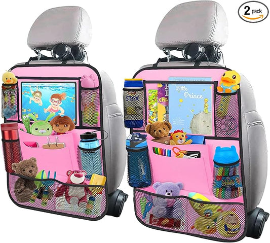 ULEEKA Car Backseat Organizer with 11" Table Holder, 10 Storage Pockets Seat Back Protectors Kick Mats for Kids Toddlers, Travel Accessories, 2 Pack, Pink