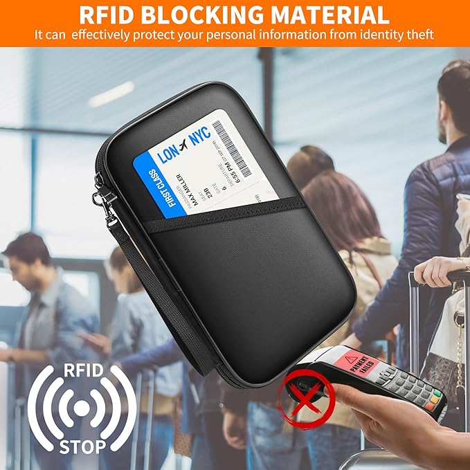 JUNDUN Family Passport Holder,RFID Blocking Upgraded Material Fireproof Passport Wallet for 4,Travel Document Organizer Case with Zipper for Passport,Card and Money,Large