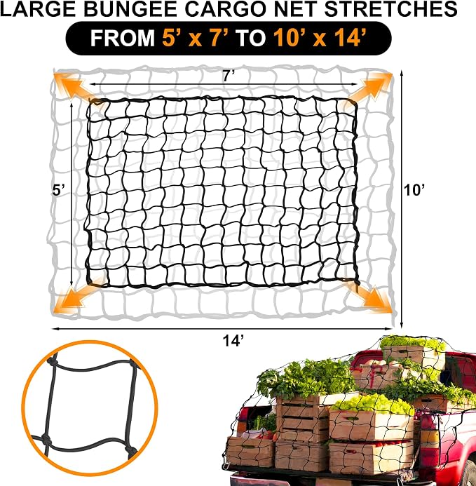 Seven Sparta 5’ x 7’ Bungee Cargo Net Stretches to 10' x 14' for Truck Bed, Pickup Bed, Trailer, Trunk, SUV with 16 Bonus D Clip Carabiners Car Organizer Net for Large Loads (Black, 5'x7')