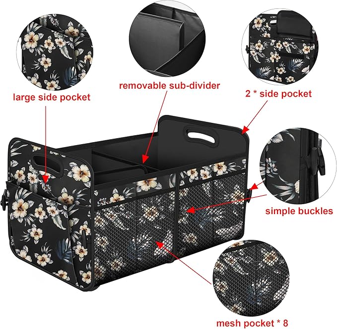 Femuar Car Trunk Organizer,Car Storage Organizer with 72L Large Capacity Waterproof Collapsible and 11 Pockets,Trunk Organizer for Car Suv/Jeep/Sedan, Large Size, Hibiscus flowers