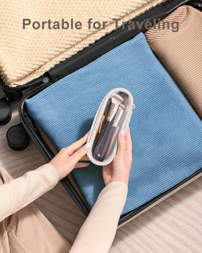 Soimeat Clear Travel Makeup Brush Holder, Leather Makeup Brush Toiletry Bag, Portable Cosmetic Brush Case, Transparent Waterproof Makeup Brush Storage Bag, White