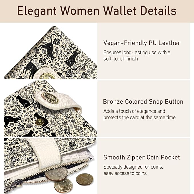 Kelvoris Black Cats Small Rfid Women Wallet Bifold Zipper Coin Pocket PU Leather Compact Cash Credit Card Holder Travel Wallet for Female Ladies Teen Girls 1 ID Window 10 Card Slots