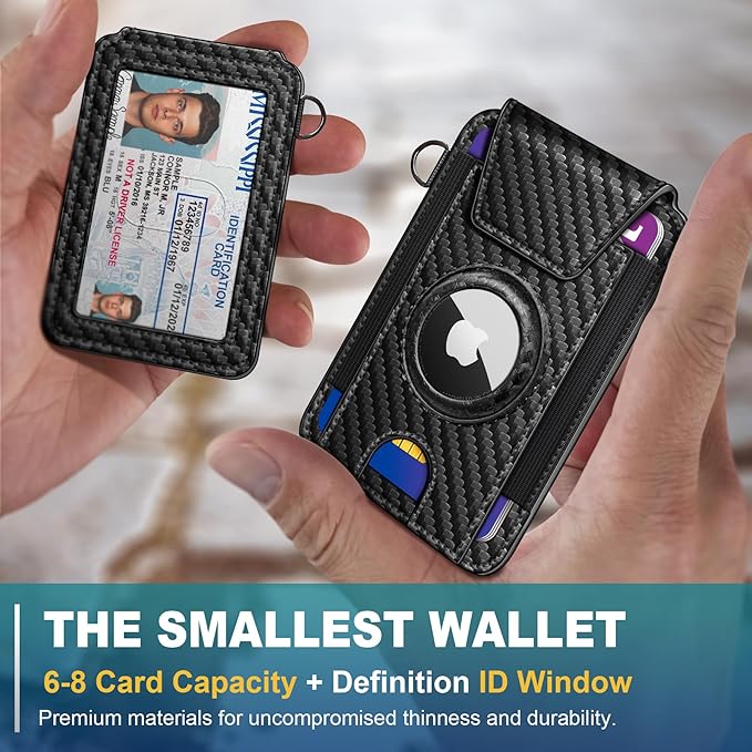 miyozi Ultra Slim AirTag Card Holder for Men - RFID Blocking Minimalist Wallet with Magnetic Flap, 0.25" Thin No Bulge Pocket Wallet, Holds 6-8 Cards with ID Window, Gift Boxed