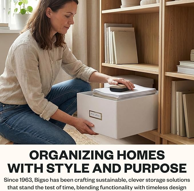 Bigso Box of Sweden Karin Collapsible Storage Box with Labelframe for Easy Identification - Simple Assembly Without Tools - Decorative Storage Boxes with Lids - 8.9in x 12.4in x 5.4in - White