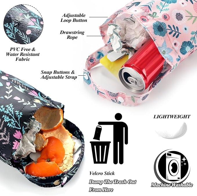 2 Pcs Hanging Car Trash Bag Collapsible Garbage Can Waterproof Small Trash Can for Woman Back Seat Car Accessories Bag Cute Polyester Bin for Boho Flower Theme Decor