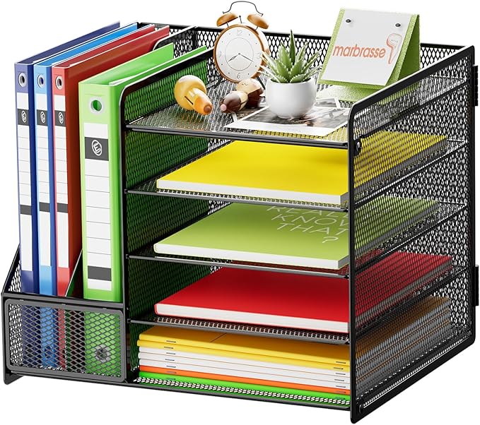 Marbrasse Desk Organizer with File Holder, 5-Tier Paper Letter Tray Organizer, Mesh Desk Organizers and Accessories with Magazine Holder, Desktop Storage for Office Supplies (Black)