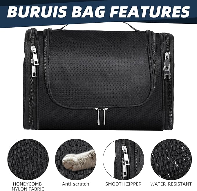 Buruis Hanging Toiletry Bag for Women and Men, Large Water-Resistant Makeup Organizer with Sturdy Hook, Lightweight Nylon Dopp Kit for Full-Sized Toiletries & Cosmetics, Black