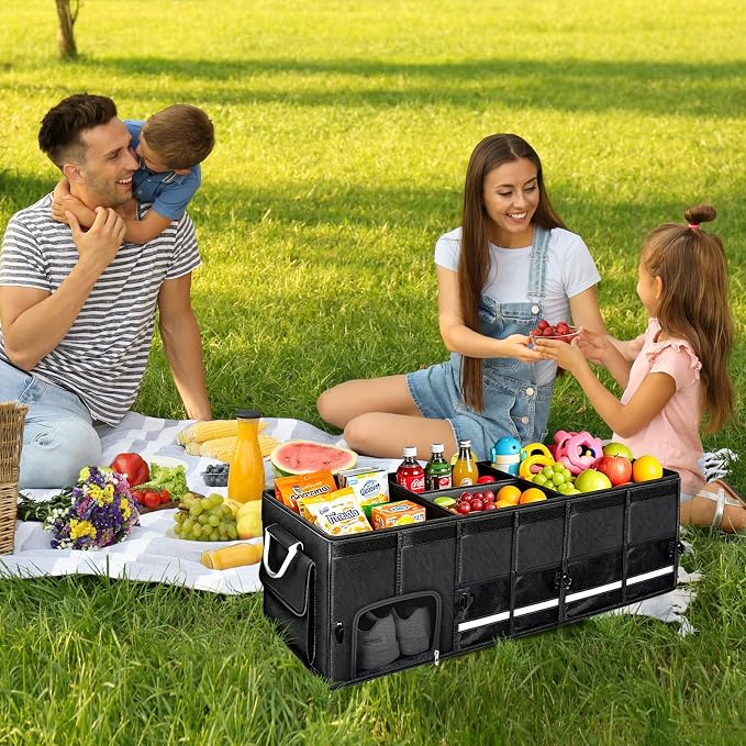 Car trunk organizer, Collapsible Multi-Compartments Car trunk Organizer with Shoes Storage Space, Reflective Strip, Perfect for Car & SUV (34.5 * 13.8 * 11.8 INCH)
