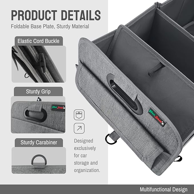 PAT SAM'S Trunk Organizer for SUV, Foldable Car Storage Organizer with Dividers, Waterproof Oxford, Collapsible Car Storage Box with Pockets for Grocery, Tools, Travel (Beige)