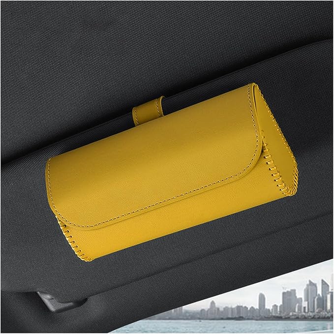 Augeny Sunglasses Holder for Car Sun Visor, Leather Auto Eyeglasses Storage Case with Hidden Magnetic Closure, Protective Glasses Organizer Box, Vehicle Visor Accessories for Woman Man (Yellow)