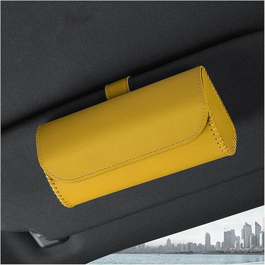 Augeny Sunglasses Holder for Car Sun Visor, Leather Auto Eyeglasses Storage Case with Hidden Magnetic Closure, Protective Glasses Organizer Box, Vehicle Visor Accessories for Woman Man (Yellow)