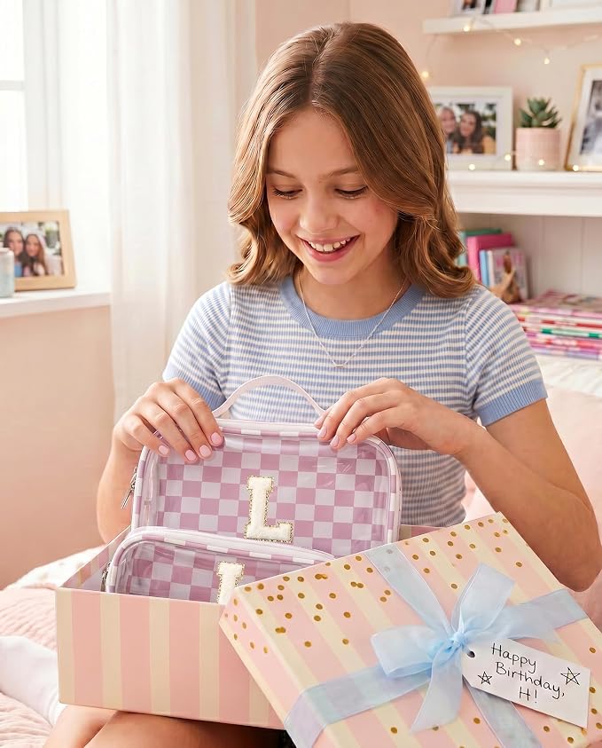 Cute Sunscreen Makeup Bag for Girls Women - Cosmetic Bags for Teen Girl | Personalized Gifts for Women Her | Bridal Shower Gifts | Birthday Gifts for 8 9 10 11 12 13 Year Old Girls (L,Pink&Beige)