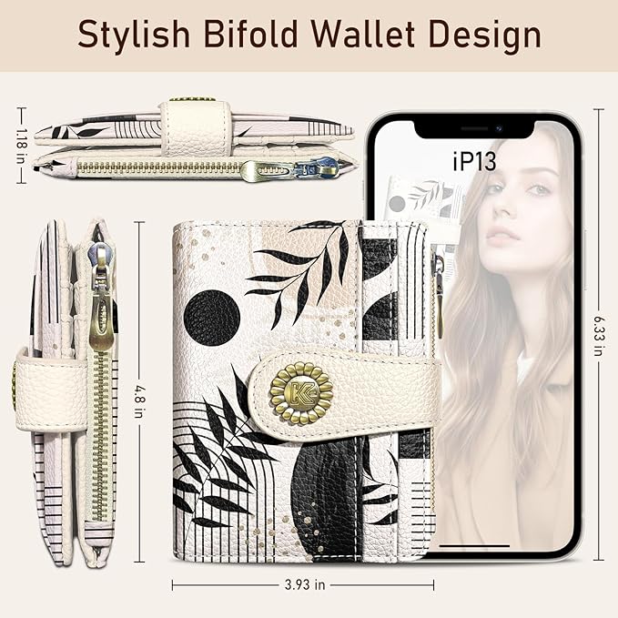 Kelvoris Boho Abstract Art Aesthetic Small Rfid Women Wallet Bifold Zipper Coin Pocket PU Leather Compact Cash Travel Credit Card Holder for Female Ladies Teen Girls 1 ID Window 10 Card Slots