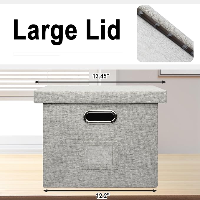 Graciadeco 4-Pack Modern Minimalist Beige Collapsible Linen File Folder Box Office Document Storage Filing Bin with Lid for Letter Legal Size Hanging Folders