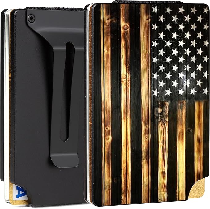 Slim Wallet for Men,RFID Blocking Minimalist Metal Wallet, Money Clip/Cash Holder, Front Pocket Aluminum Credit Card Holder, Ideal Gift for Men,Wood-American USA Flag