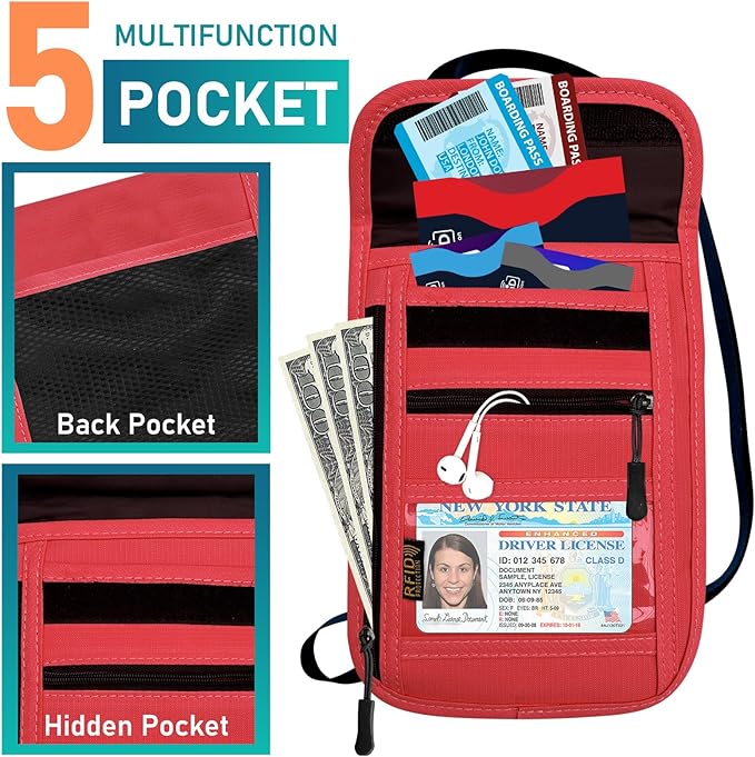 Travel Neck Wallet & RFID Blocking Sleeves for Men and Women, Neck Money Pouch Anti Theft Travel Document Organizer with Adjustable Strap - Red