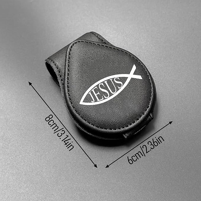Jesus Fish - Car Sunglass Holder, Magnetic Leather Eyeglass Hanger Mount Clip Holder for Car Visor Accessories