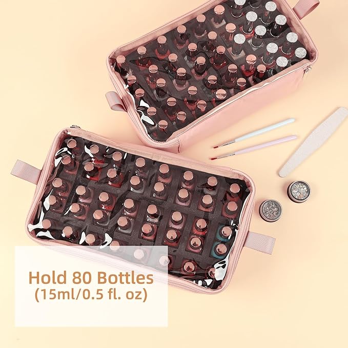 HOMEST Double Layer Nail Polish Organizer Holds 80 Bottles (15ml/0.5 fl. oz) and a Lamp, Case with 2 Removable Pouches for Manicure Tools Storage, Pink(Bag Only)
