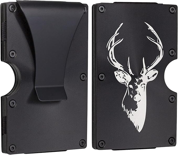 awofer Carbon Fiber Wallets for Men RFID Minimalist Money Clip Aluminum Metal Wallet Engraved Deer Gift Idea for Him Dad Son Husband Gifts-Black