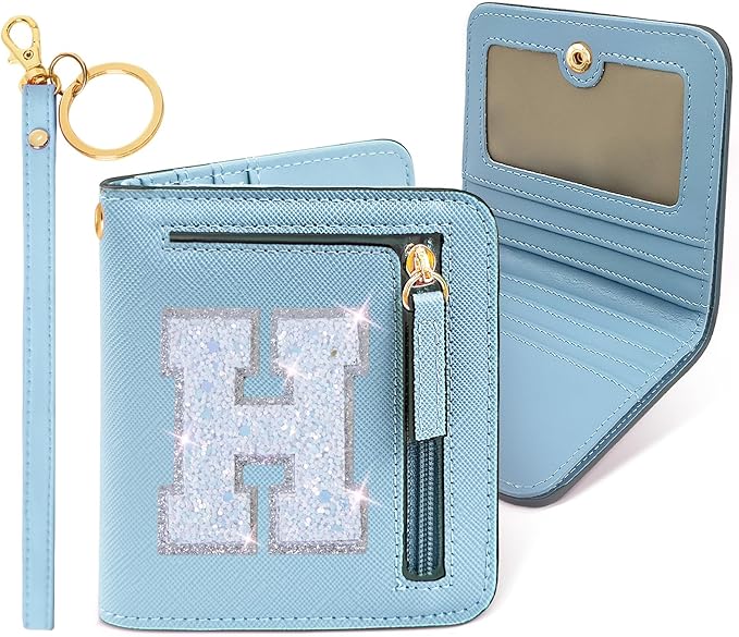 COSHAYSOO Initial Wallet Small with RFID Blocking Protection for Women Teenage Girl Travel Daily Stuff, Preppy Letter Monogram Patch Pocket Wallet Purse Cute Stylish Gift Blue H