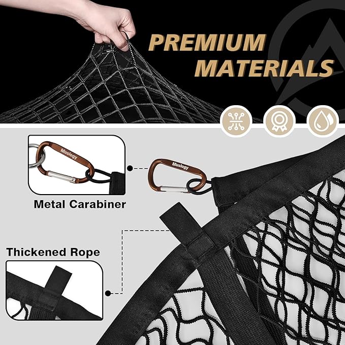 Muslogy Truck Bed Cargo Net Trunk Netting Compatible with Pickup Bed Stretchable 4'x4' to 7'x7' Accessories, Pickup Cargo Organizer SUV Sedan Storage Net w/Heavy Duty Carabiners