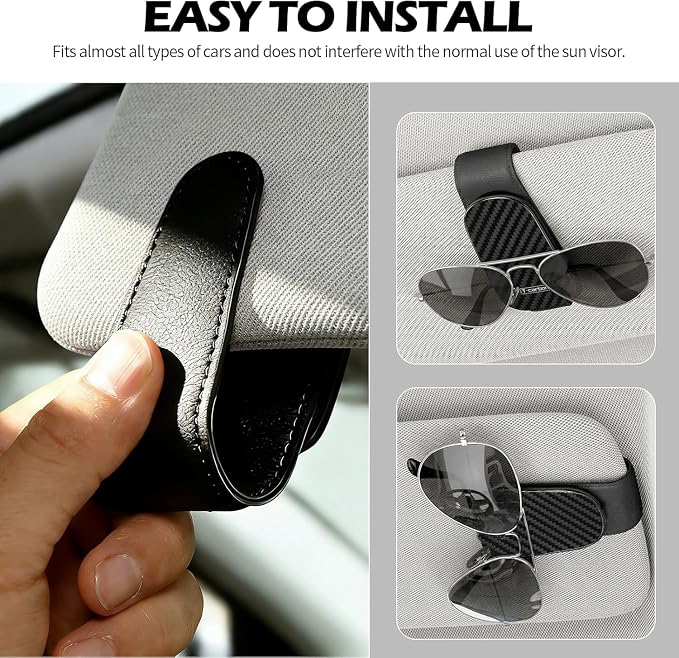 T-carbon 2 Pack Sunglass Holder for Car Sun Visor,Magnetic Leather Sunglasses Hanger,Carbon Fiber Sunglasses Holder and Ticket Card Clip, Car Visor Accessories,Matte Black