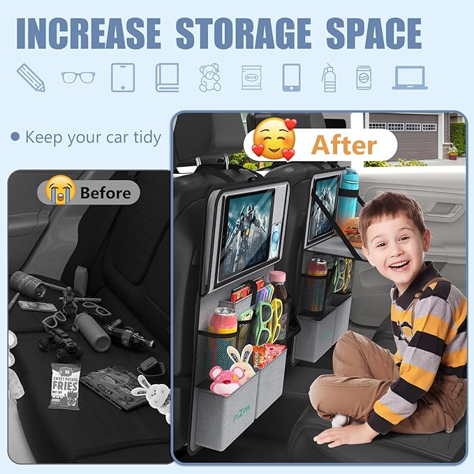 Plzpik Car Backseat Organizer with Tablet Holder,11 Storage Pockets with Foldable Food Tray, Protector Kick Mats for Kids, Travel Accessories Organizer (Gray, 1Pack)
