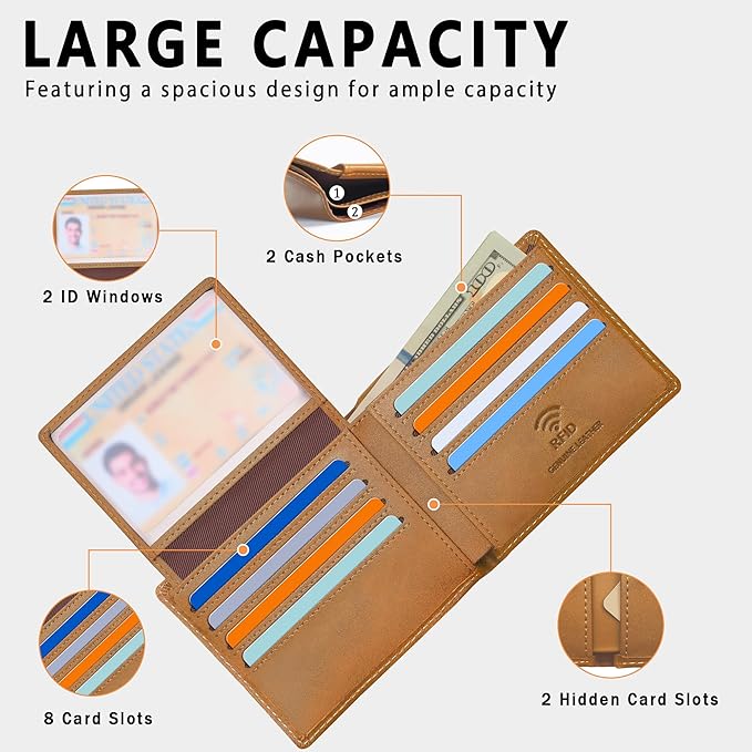 Travelambo Genuine Leather Wallet for Men with Gift Box - Handmade Bifold Stylish - Mens Wallets Rfid Blocking with 2 ID Windows