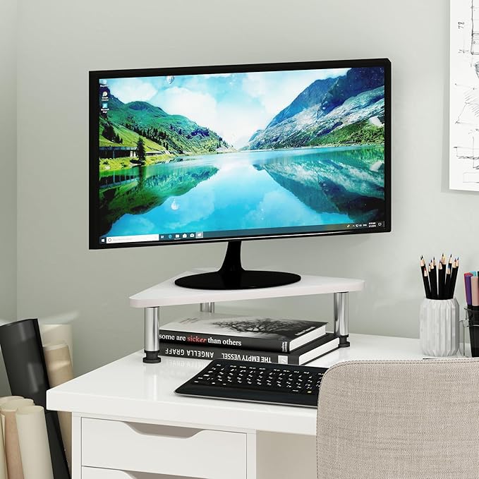 Furinno Turn-N-Tube Corner Monitor Riser Stand, White Oak, Stainless Steel Tubes