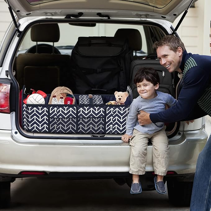 Trunk Organizer for car, Foldable Car Storage Bag Portable Insulation Cooler Bag Collapsible Vehicle Organizer Divider Storage Totes with 4 Compartment Cargo Tote for Groceries Caddy SUV, Navy Blue